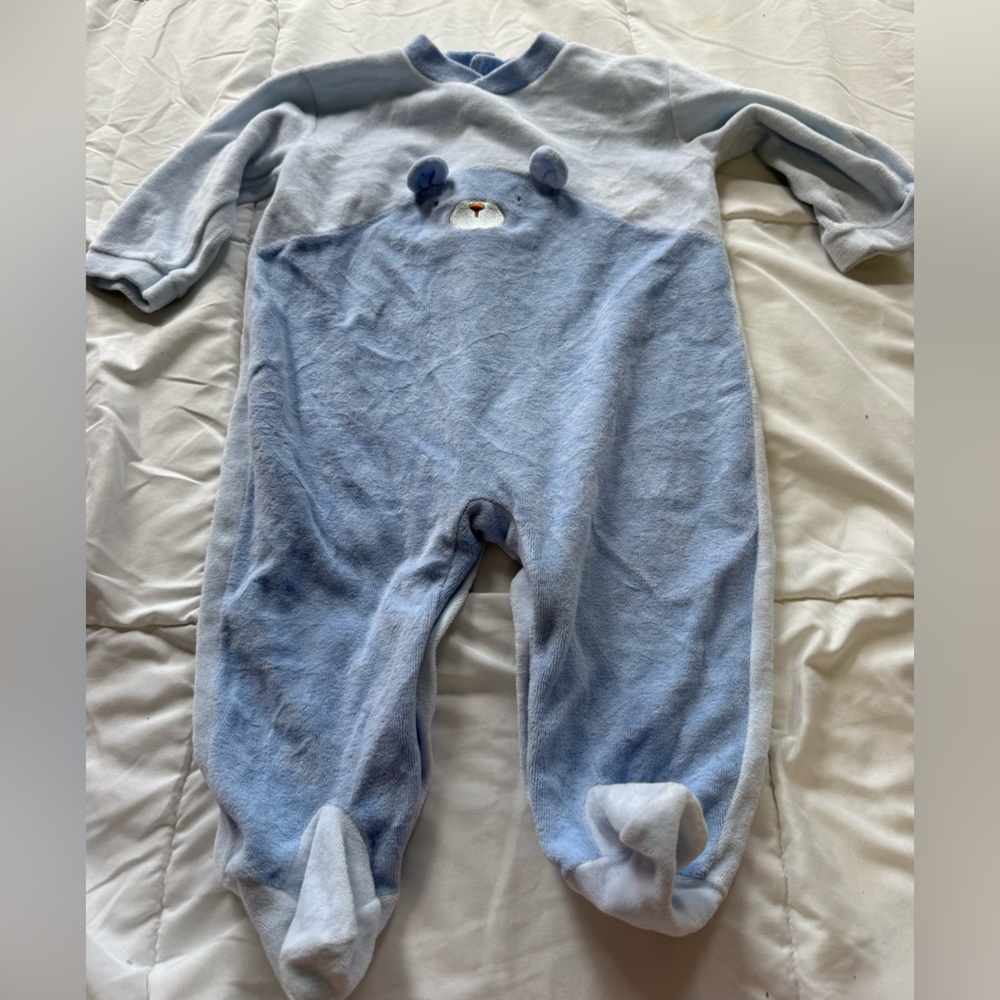 Bon Bebe Baby Blue Soft Velour Onesie Footie Bear Boys